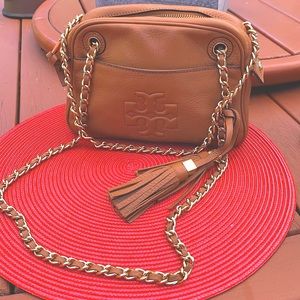 TORY BURCH Brown Leather Chain Strap THEA Convertible Crossbody Bag.